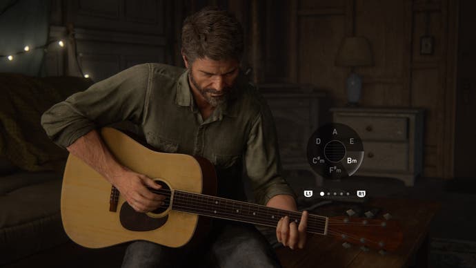 The guitar mini-game. Joel is playing a B minor chord.