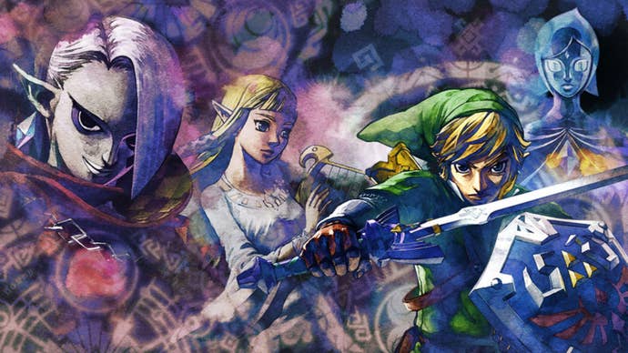 The Legend of Zelda: Skyward Sword art is shown, featuring Link, Zelda, Ghirahim, and Fi