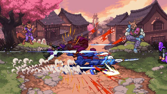 A rabbit samurai streams across a village scene in the DLC for Teenage Mutant Ninja Turtles: Shredder’s Revenge