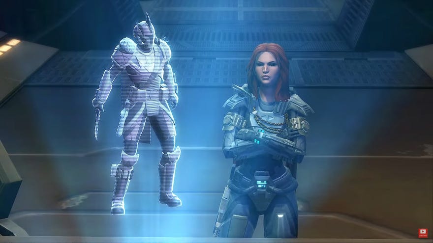 A woman with crossed arms stares at a hologram of a rogue Mandalorian