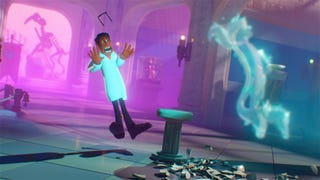 Screenshot from Two Point Museum trailer showing man in white coat being scared by a ghost