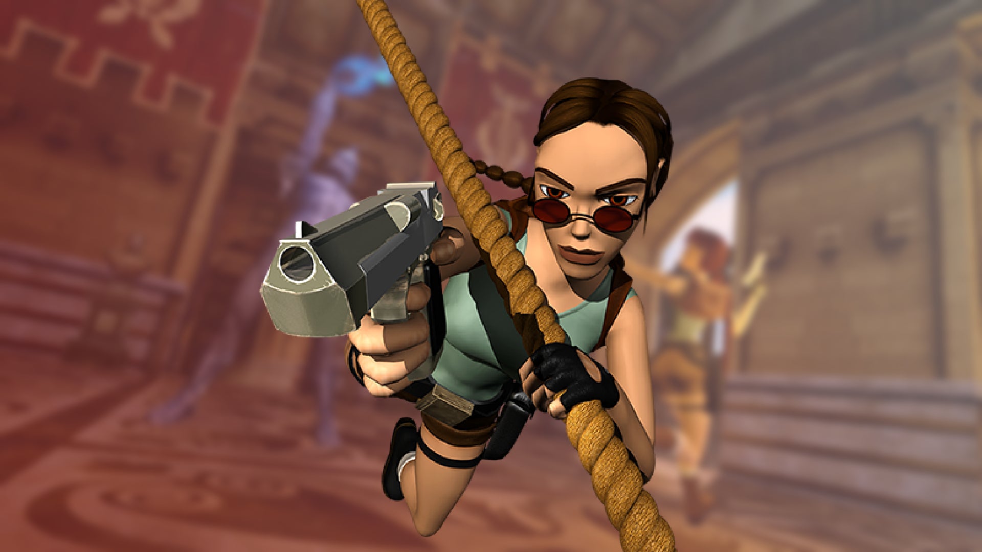 Lara Croft on a rope swing, aiming her guns at the camera, with a blurred image behind her - 1