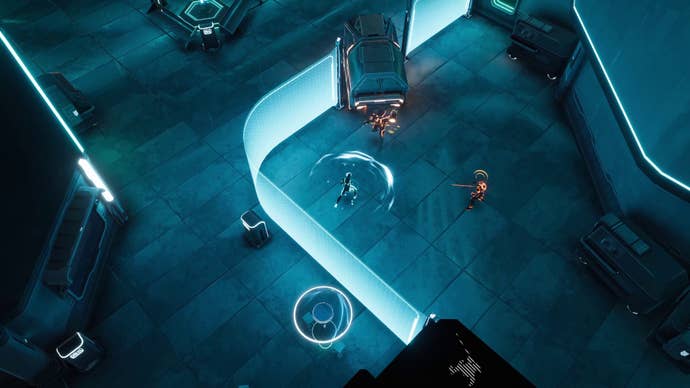 Fighting enemies in a neon landscape in TRON: Catalyst.