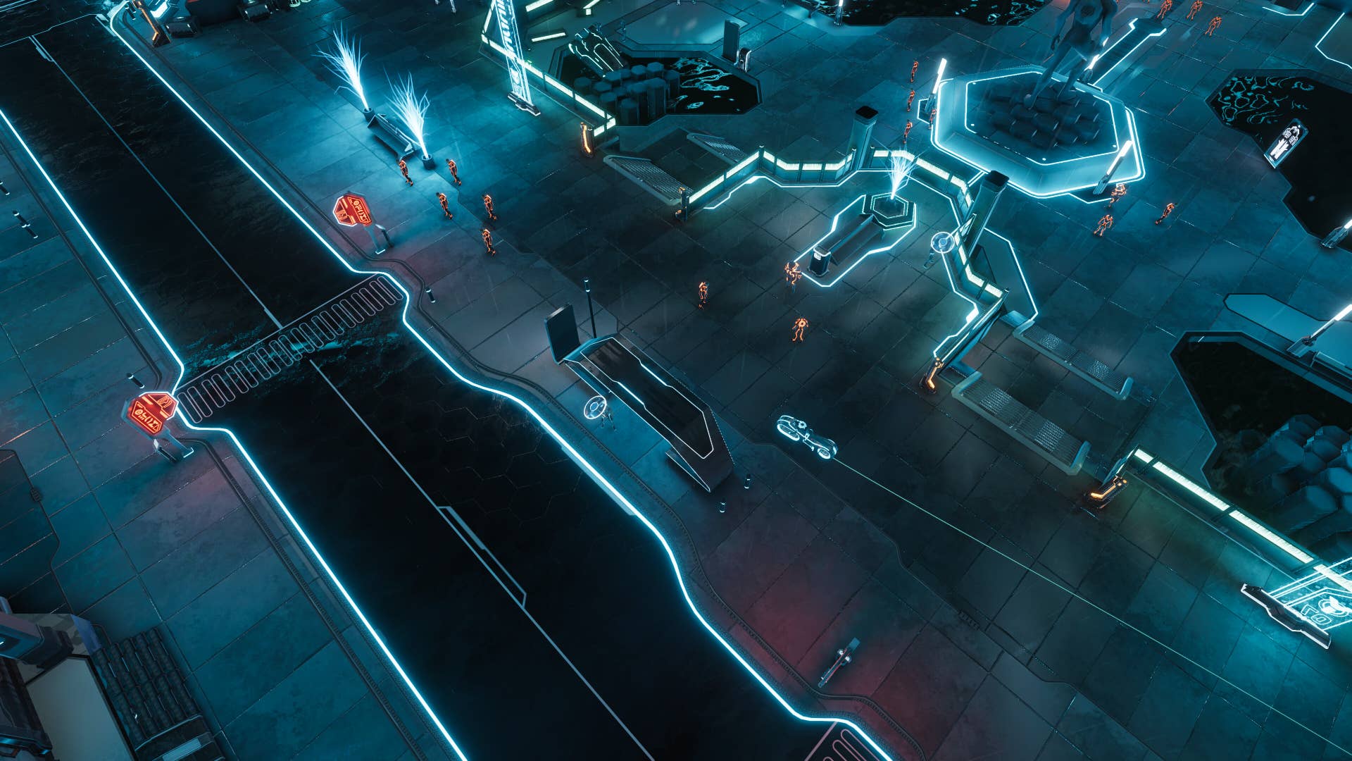 A complex neon landscape in TRON: Catalyst.