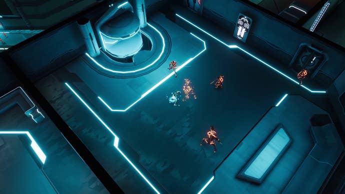 Combat in a neon landscape in TRON: Catalyst