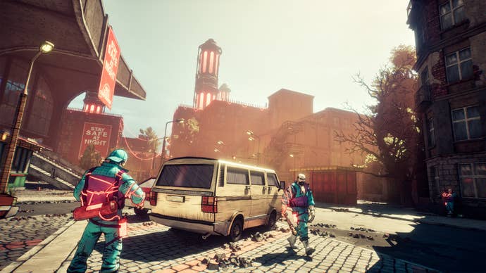 A sunny city street in Trust, the immersive shooter with a vampire protagonist - two gun dudes stand near a car with a huge glowing tower in the distance