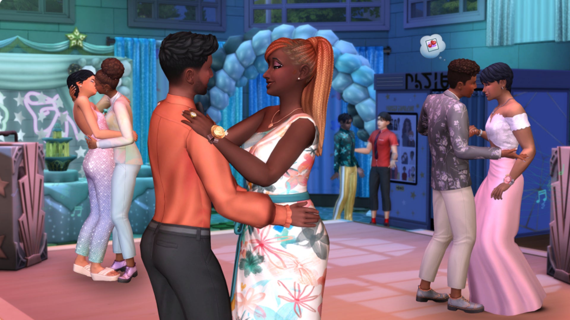 Three couples are dancing at Graduation in The Sims 4 High School Years.