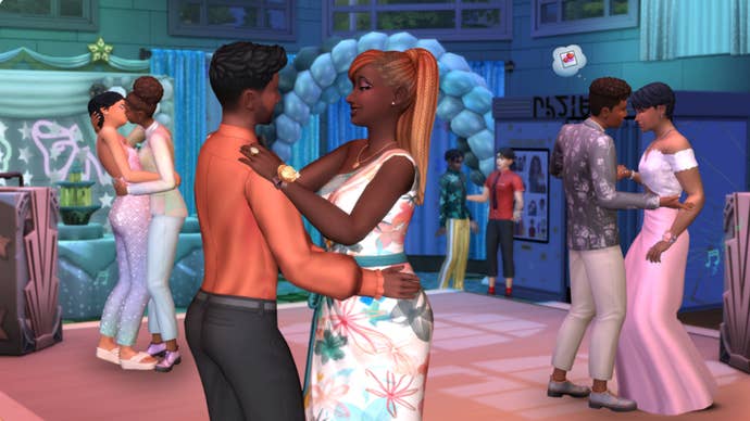 Three couples are dancing at Graduation in The Sims 4 High School Years.