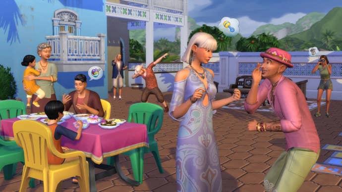 Screenshot from The Sims 4’s Rent expansion pack showing gossiping Sims at a potluck luncheon