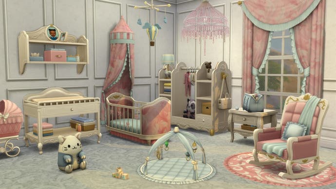 Tangkapan layar dari Storybook Nursery Kit The Sims 4 yang menampilkan kamar anak-anak yang elegan dalam warna pink dan biru pastel.