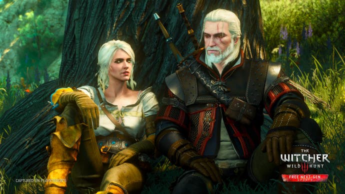 Geralt and Ciri, sitting together against a tree. What we can see of the environment around them is verdant green. Perhaps they are reciting poems to each other.