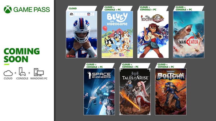 Xbox Game Pass boxart for titles launching in late February 2024, including Tales of Arise and Bluey.
