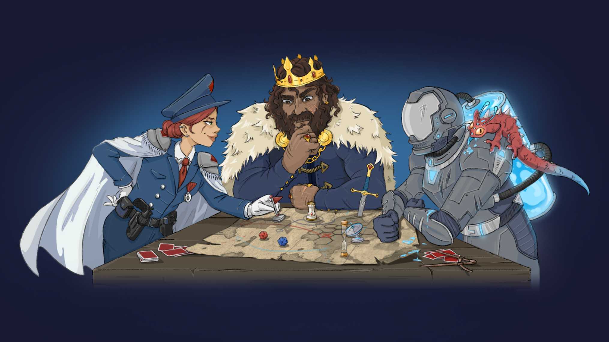 A king, a cop and a space cop gather around a table in TactiCon&rsquo;s promo art