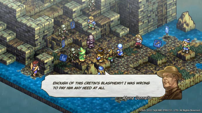 Warriors talk outside a fort in Tactics Ogre Reborn