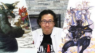 Artwork of Chrono Trigger and Final Fantasy 4 flanks a headshot of Takashi Takito from Square Enix