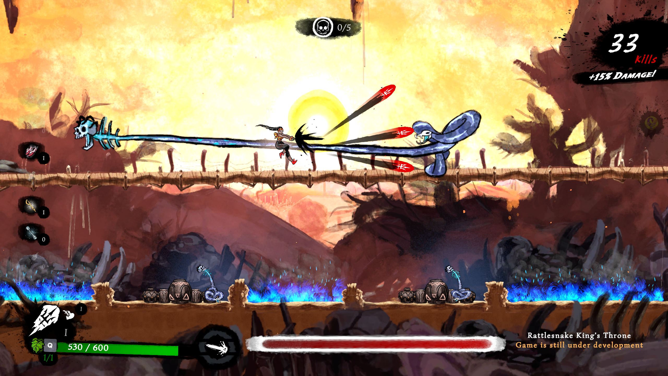 Fighting the Rattlesnake King miniboss in the Talaka demo.