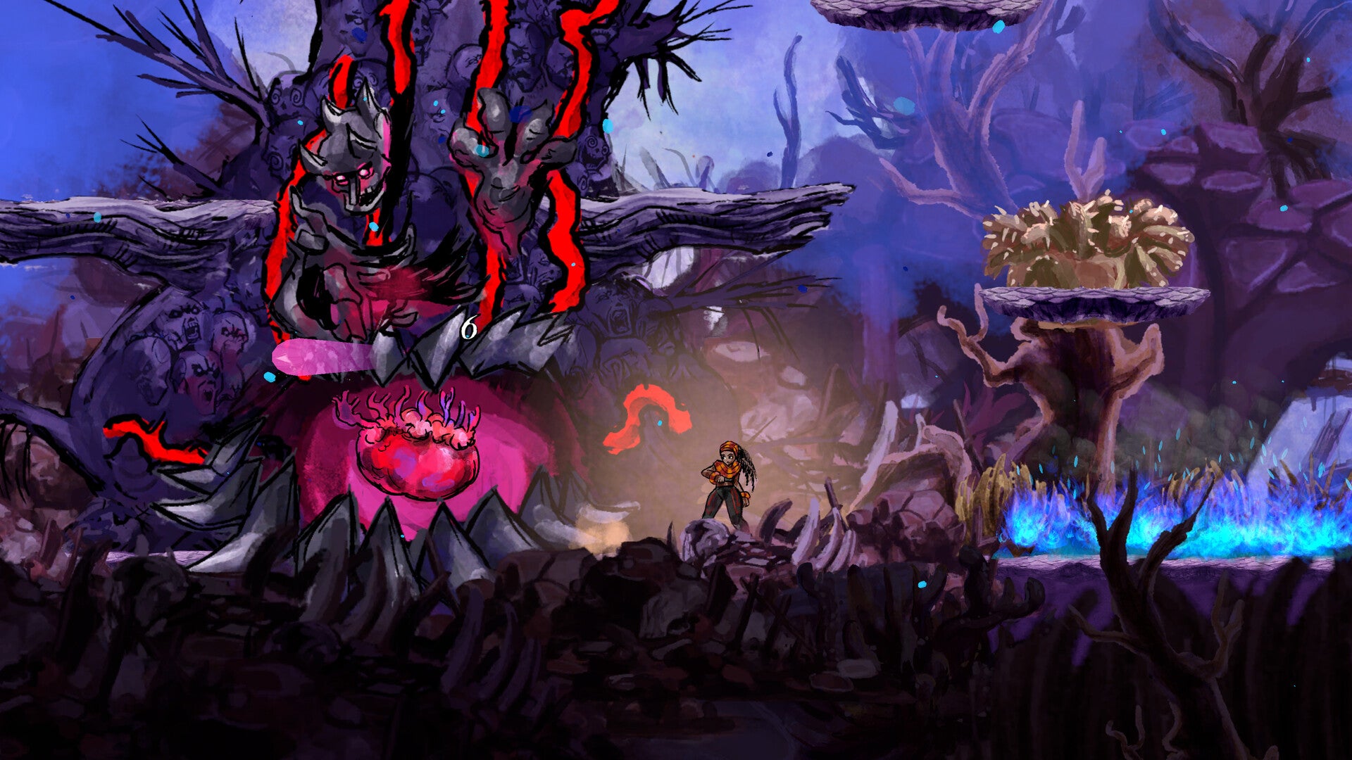Talaka approaches a demonic-looking enemy standing over a giant heart in Talaka.