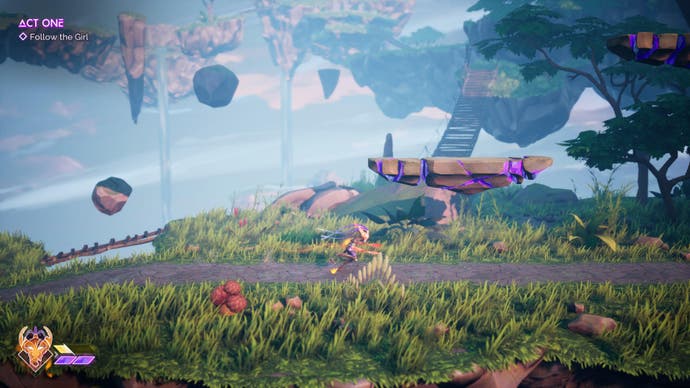 The Legend of Kenzela screenshot shows the protagonist walking through grasslands and platforms