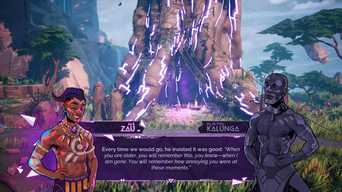 Captura de pantalla de Tales of Kenzera que muestra al personaje principal sentado dentro de un árbol mágico, con retratos animados e historia.