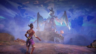 Tales of Kenzera screenshot showing main character looking out at giant storm bird in the sky