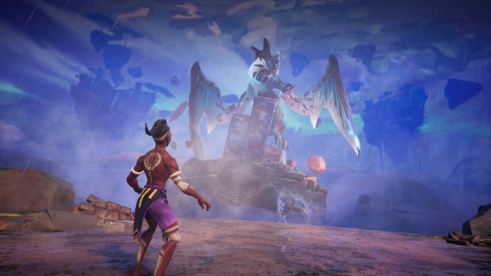 Captura de pantalla de Tales of Kenzera que muestra al personaje principal mirando al pájaro de tormenta gigante en el cielo.