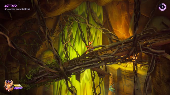 Captura de pantalla de Tales of Kenzera que muestra al personaje principal corriendo a lo largo de ramas retorcidas de árboles en un pantano venenoso