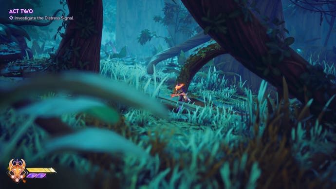 Tales of Kenzera screenshot showing main character running through moonlit forest with tall blades of grass