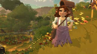 Tales of the Shire screenshot showing a female hobbit in a purple smock dress standing near a vegetable patch