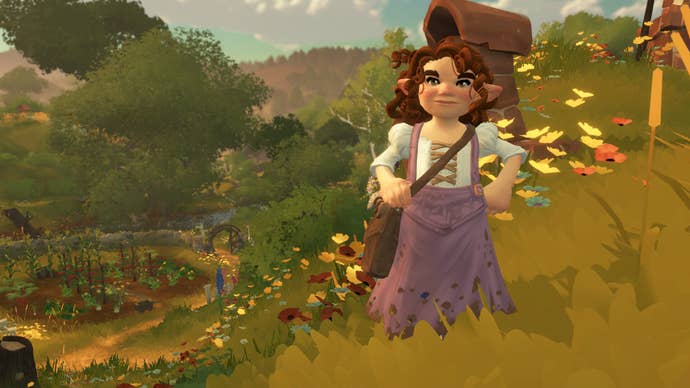 Tales of the Shire screenshot showing a female hobbit in a purple smock dress standing near a vegetable patch