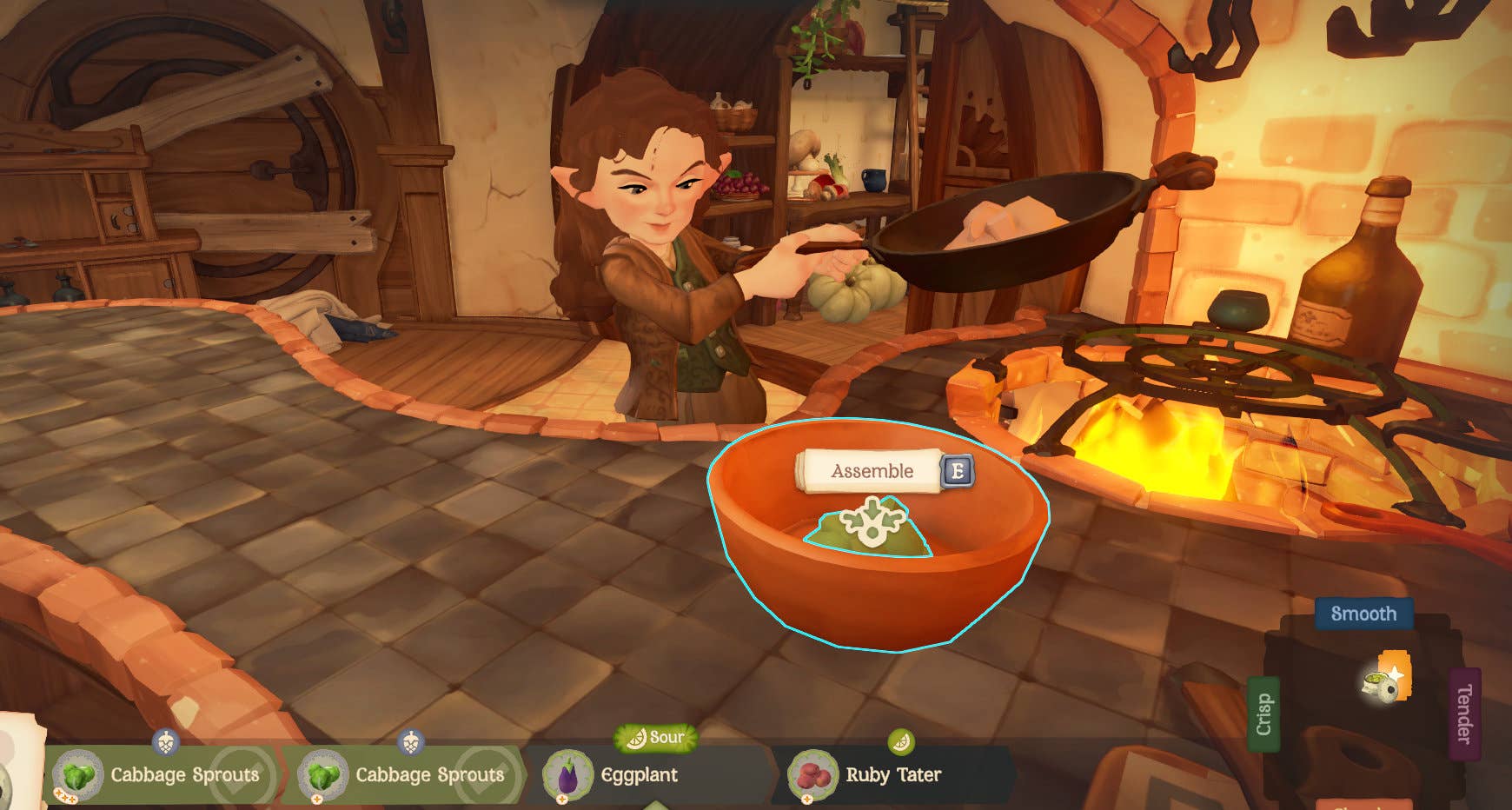 Putting ingredients in a bowl while cooking in Tales of the Shire.