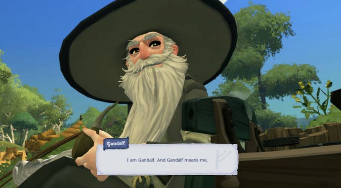 A close up of Gandalf the Grey, an old man with a long grey beard holding a pipe, in Tales of the Shire.