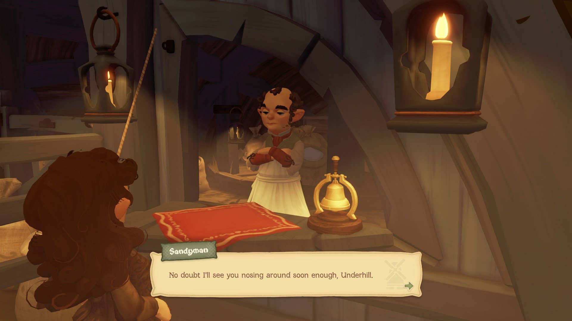 Talking to Sandyman in Tales of the Hobbit. He is a grumpy hobbit who runs the mill.