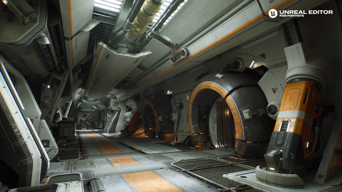 Capture d'écran de la démo Talisman d'Epic Games, montrant un couloir de vaisseau spatial avec diverses portes circulaires.