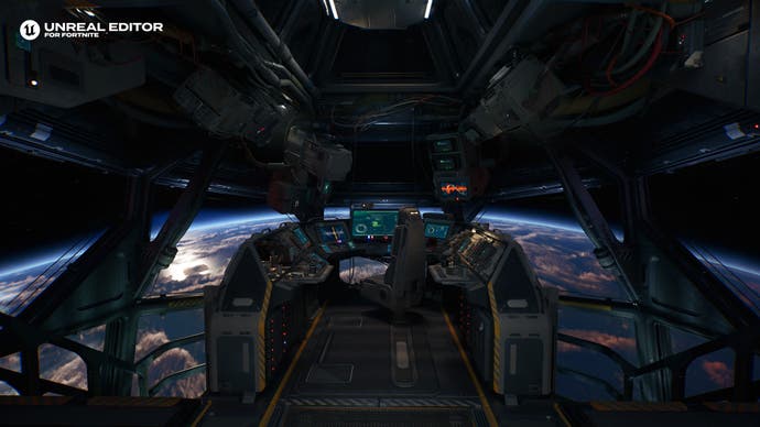 Capture d'écran de la démo Talisman d'Epic Games, montrant le cockpit d'un vaisseau spatial et une planète au-delà.