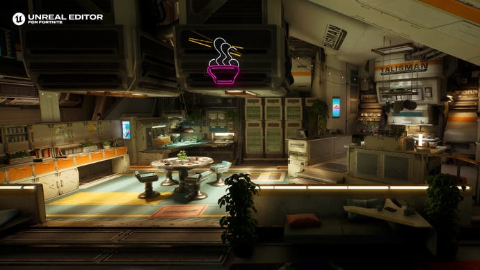 Capture d'écran de la démo Talisman d'Epic Games, montrant un espace de vie d'un vaisseau spatial, comprenant une table et des chaises.