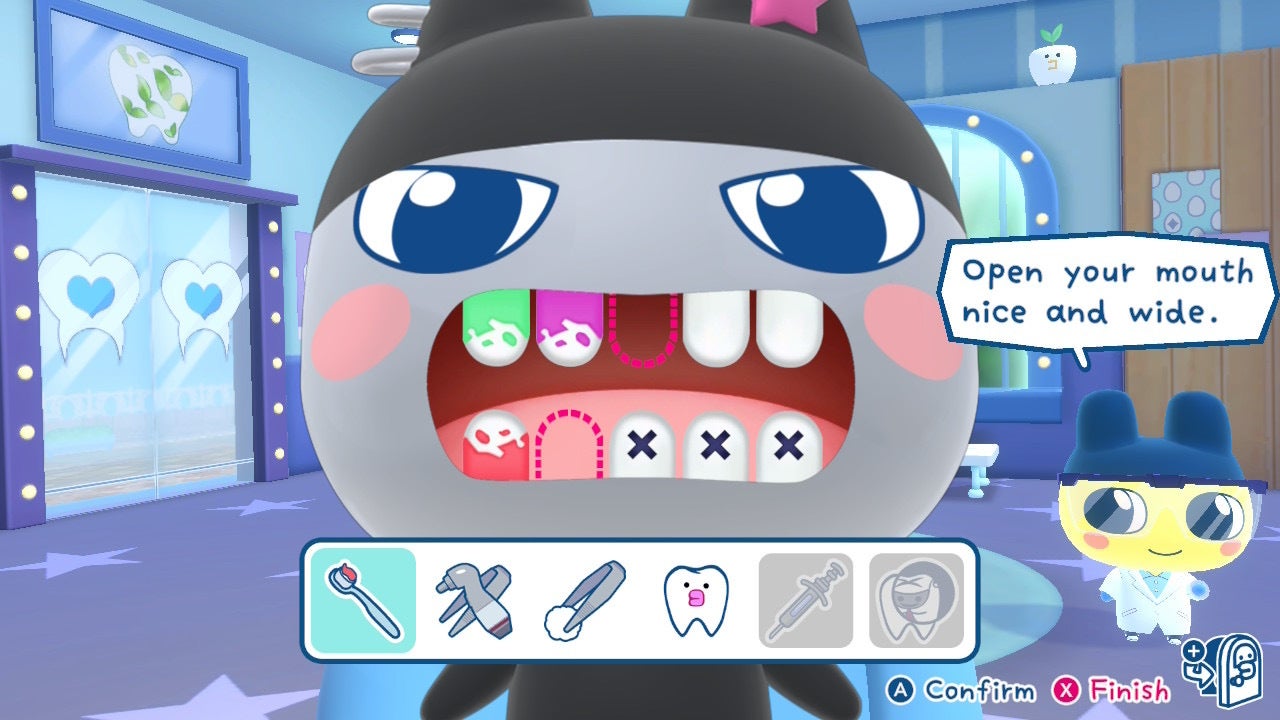 The player cleans Kuromametchi's teeth at the Dentist in Tamagotchi Plaza - 3