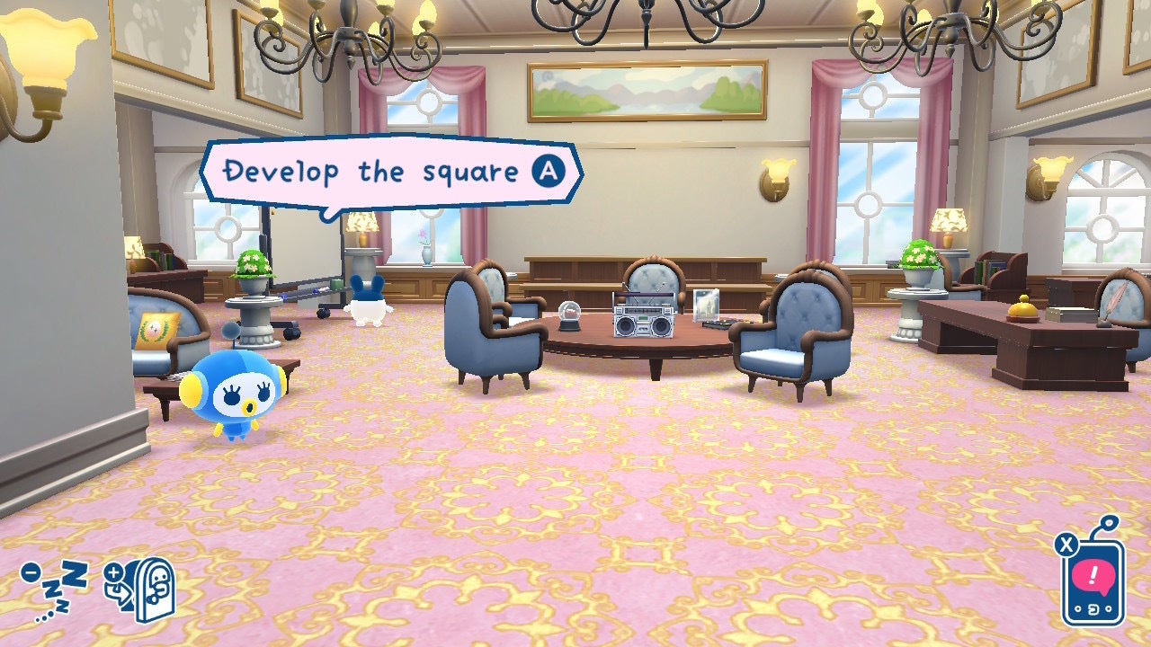 The player - Mimitchi - can be seen approaching the 'develop the square' whiteboard in the committee room in Tamagotchi Plaza - 3