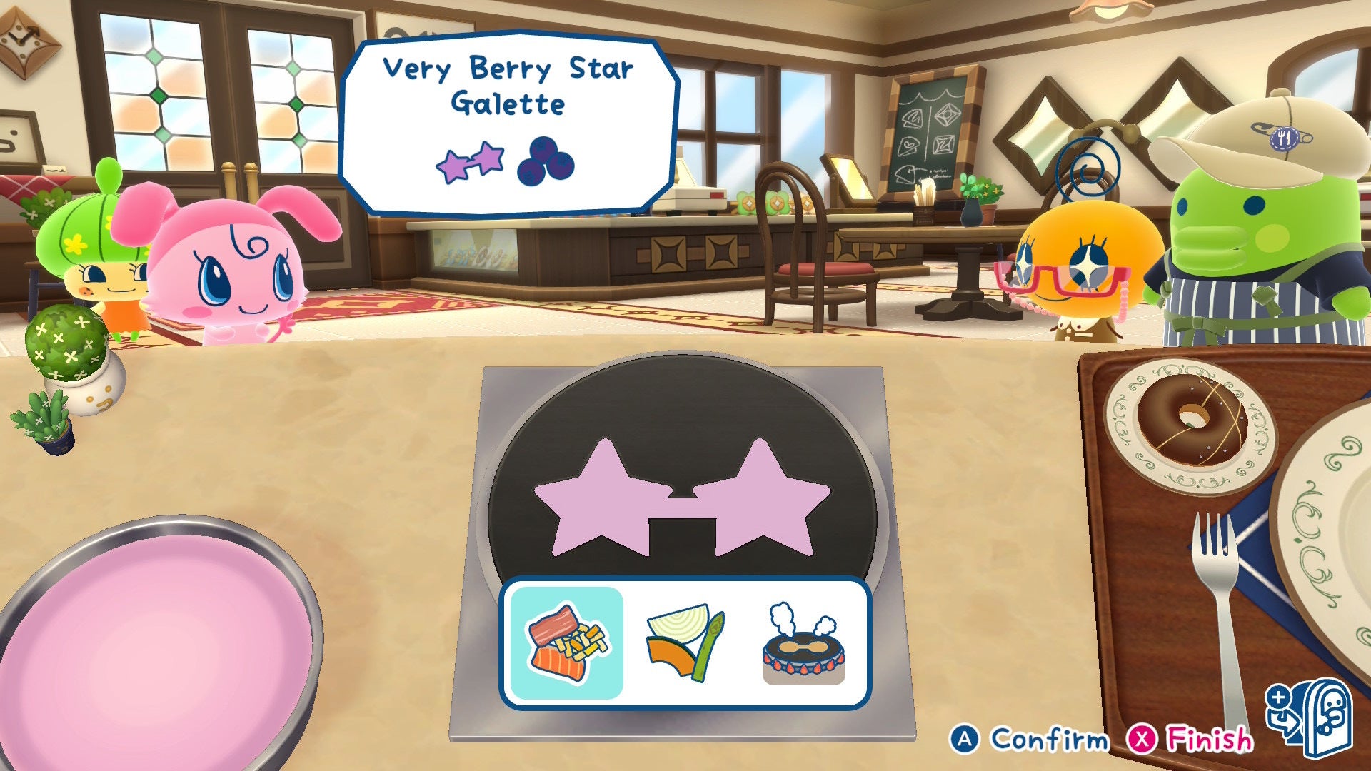 The player serves a galette to Momotchi in the Glasses Galette Shop in Tamagotchi Plaza - 5