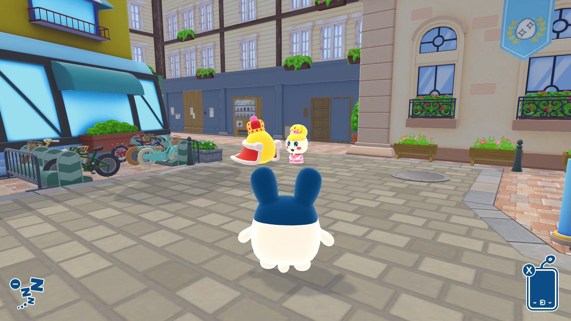 The player approaches King Tamahiko and Princess Tamahiko outside of the secret Sushi Shop and Shuriken Shop in Tamagotchi Plaza - 3