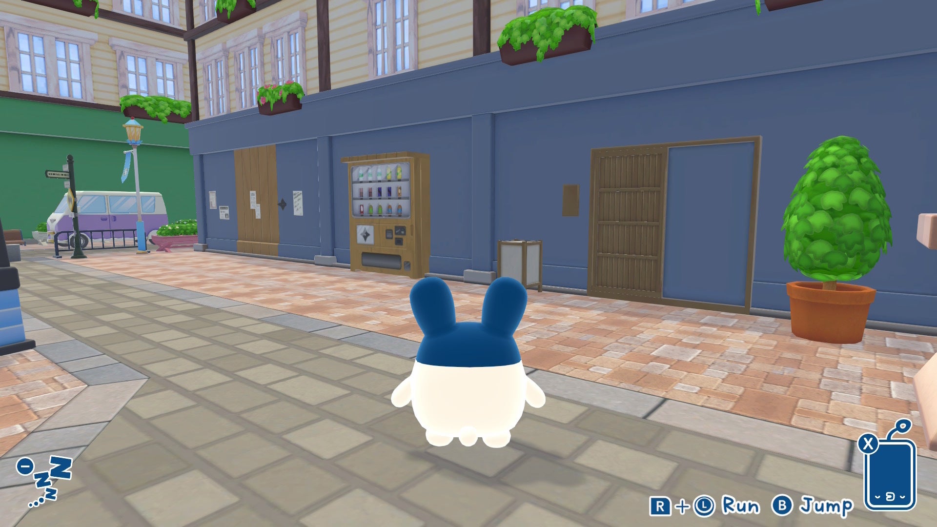 The player approaches the secret Sushi Shop and secret Shuriken Shop entrances in Tamagotchi Plaza - 13