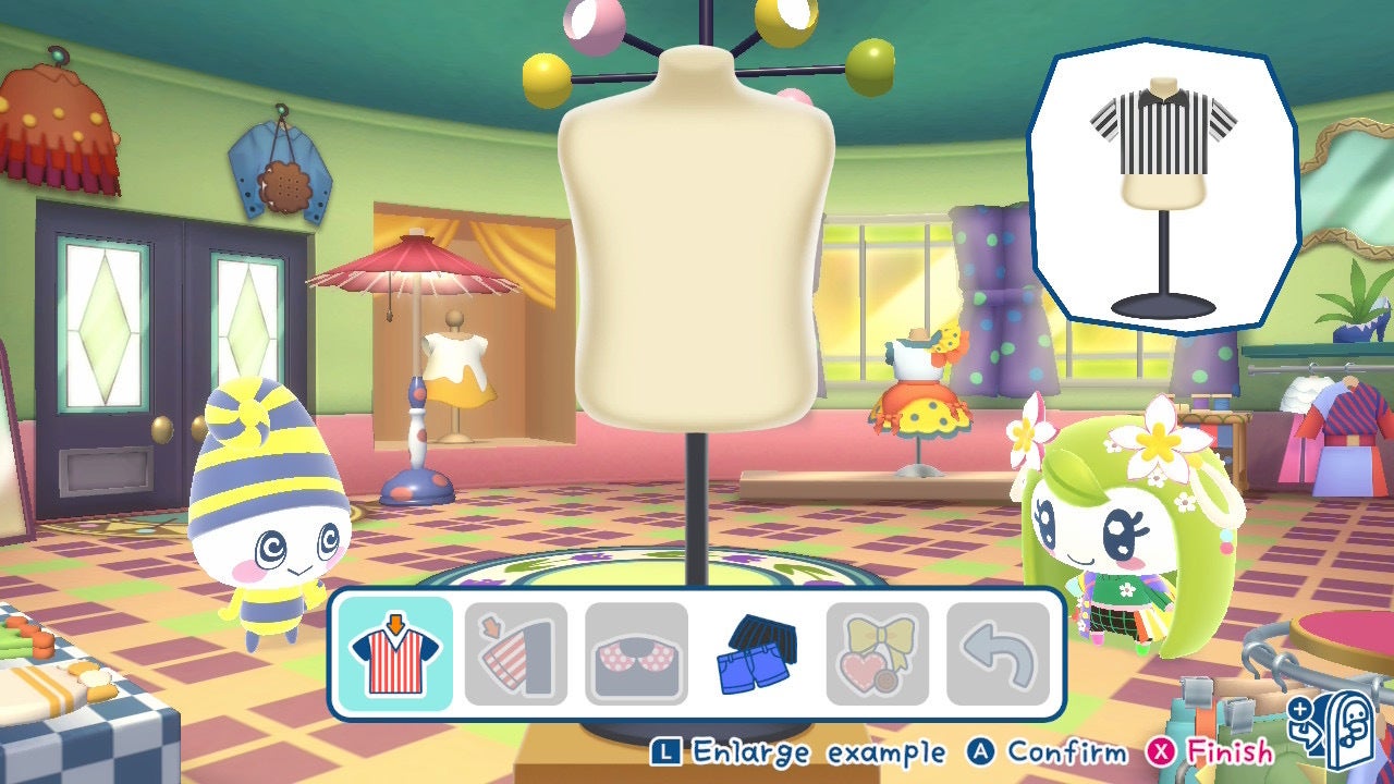 The player designs a piece of clothing for Simagurutchi at the Tailor Shop in Tamagotchi Plaza - 5