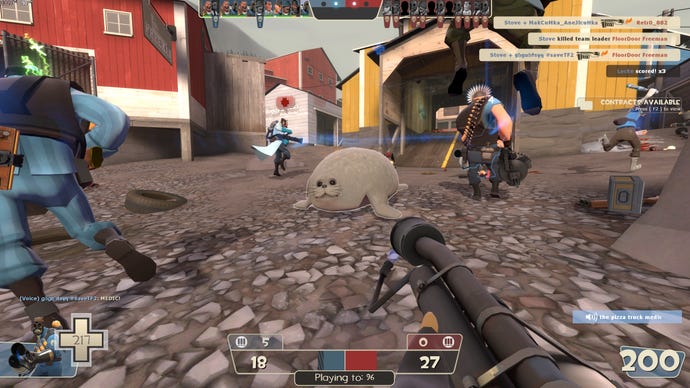 A seal bounces towards the sea as a group of Team Fortress 2 mercenaries form a defensive ring around it.