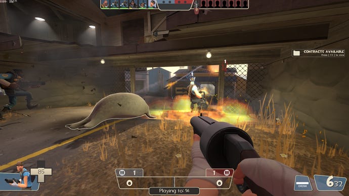 A battle rages around a hungry seal in Team Fortress 2.