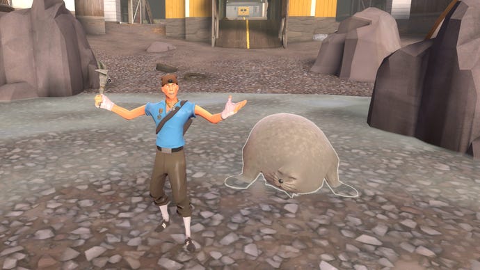 The Scout poses next to a happy seal in Team Fortress 2.