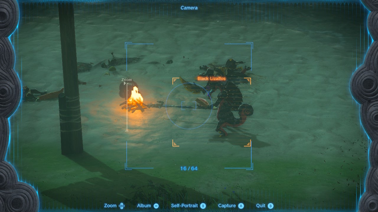 Link using the Purah Pad&rsquo;s camera to register a monster in the Hyrule compendium.