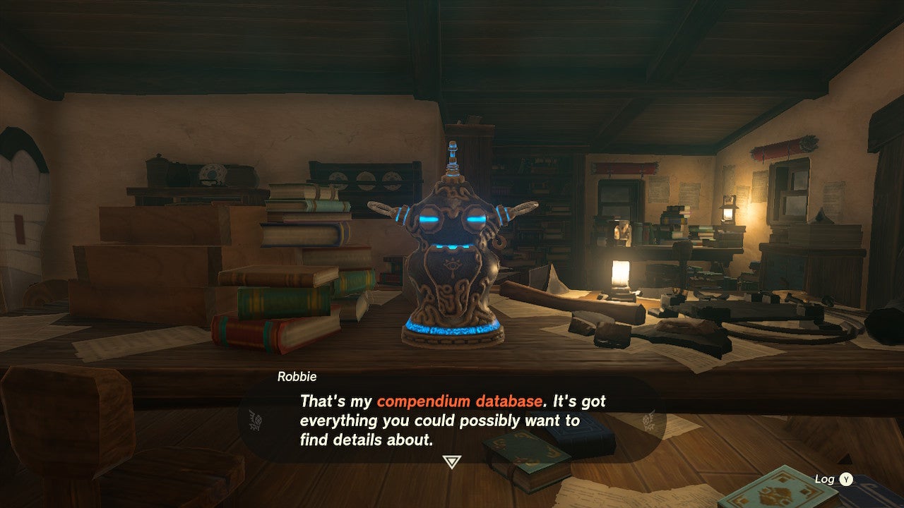 Robbie talking about his compendium database in The Legend of Zelda: Tears of the Kingdom.