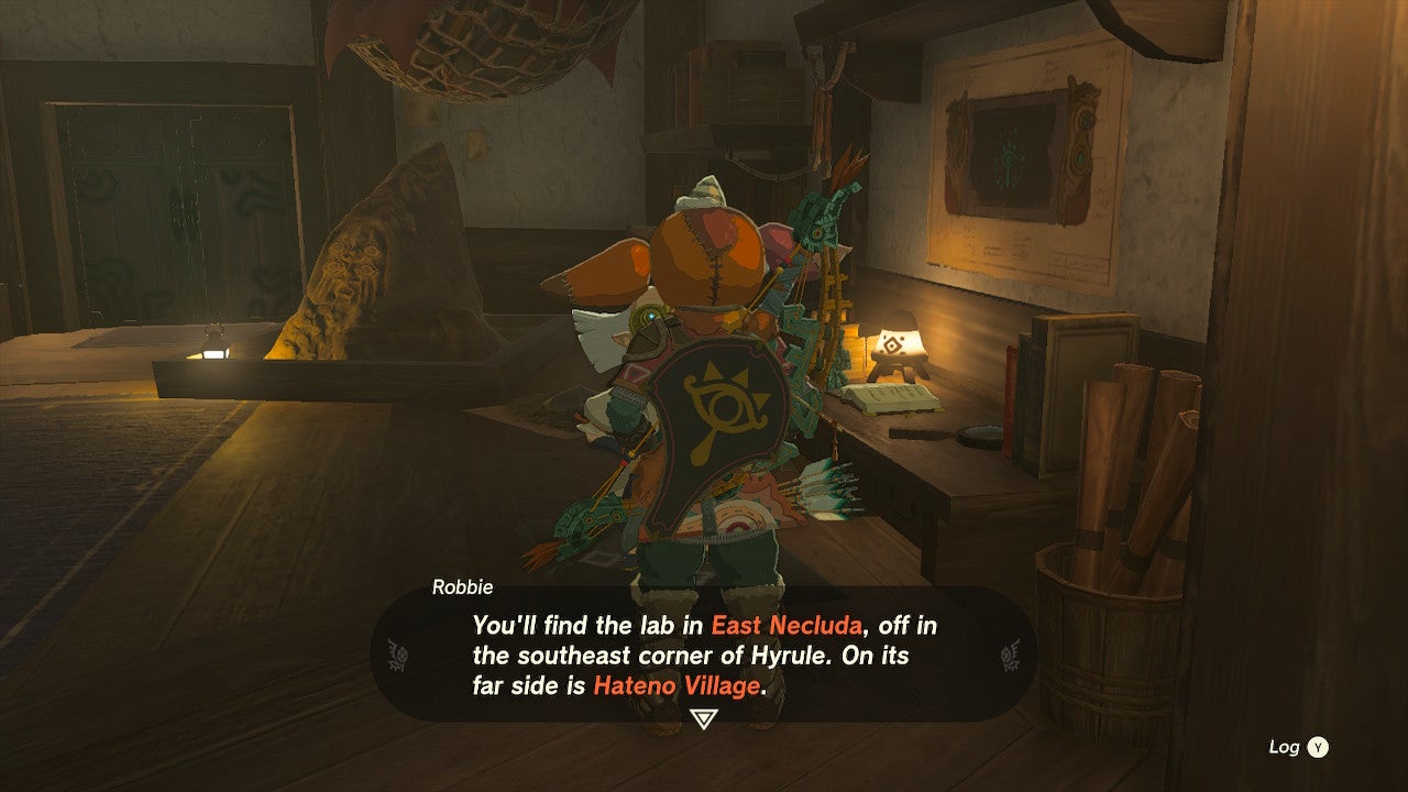 Link speaking to Robbie about the laboratory in Hateno Village.