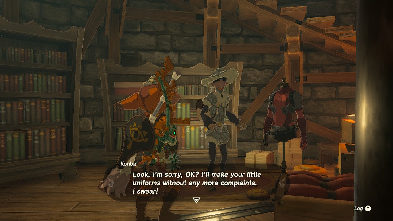 Link talking to Konba at the Akkala Ancient Tech Lab.