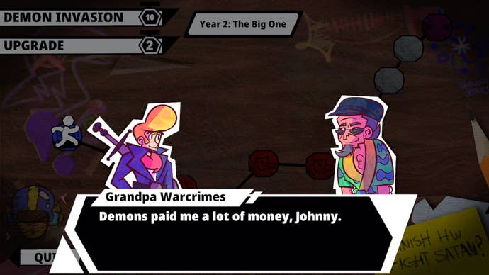 2D guy with a pompadour chats with Grandpa Warcrimes in a screenshot from Teenage Demon Slayer Society