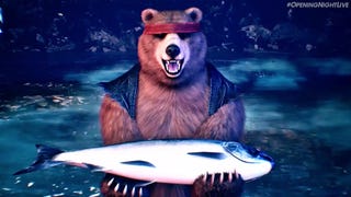 A happy bear holds up a big fish in a screenshot from Tekken 8's trailer.